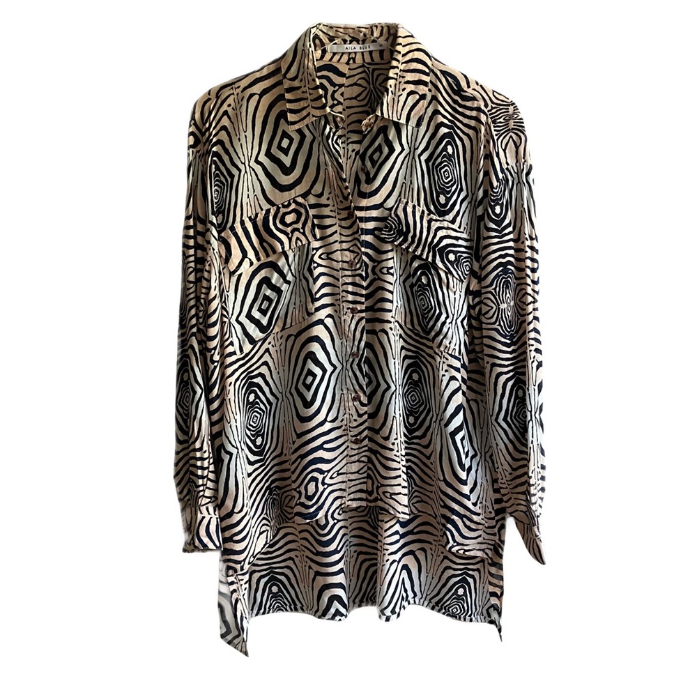 Aila Blue Safari Button Down Blouse Size XS Lightweight Sheer Coverup Top Resort